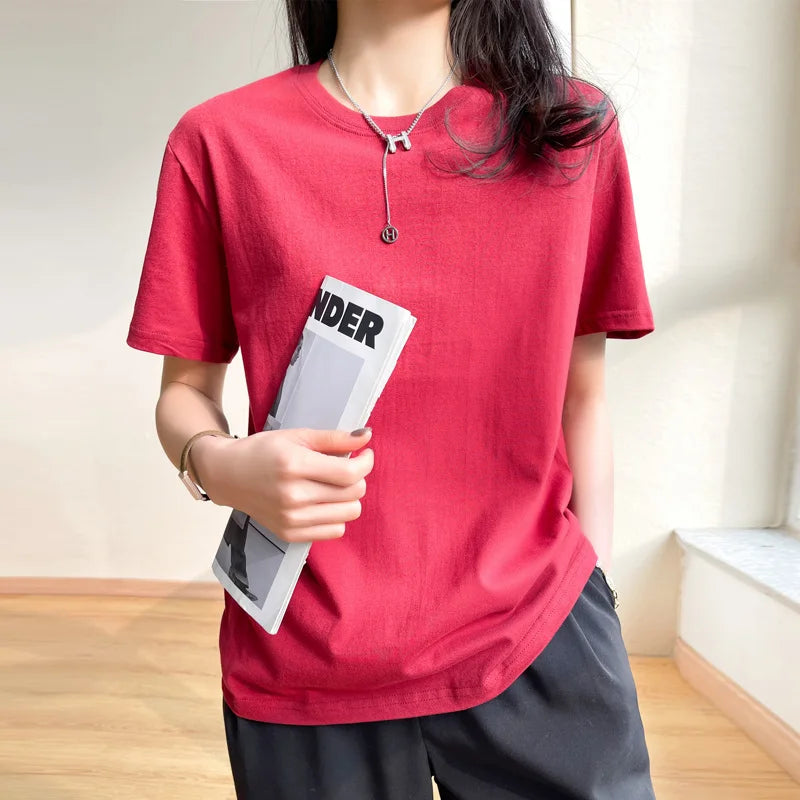 Women T-shirts 2026 Tops Solid Short Sleeve Loose O-neck  Cotton Casual Ladies Shirts Harajuku Korean Summer Woman Tshirts