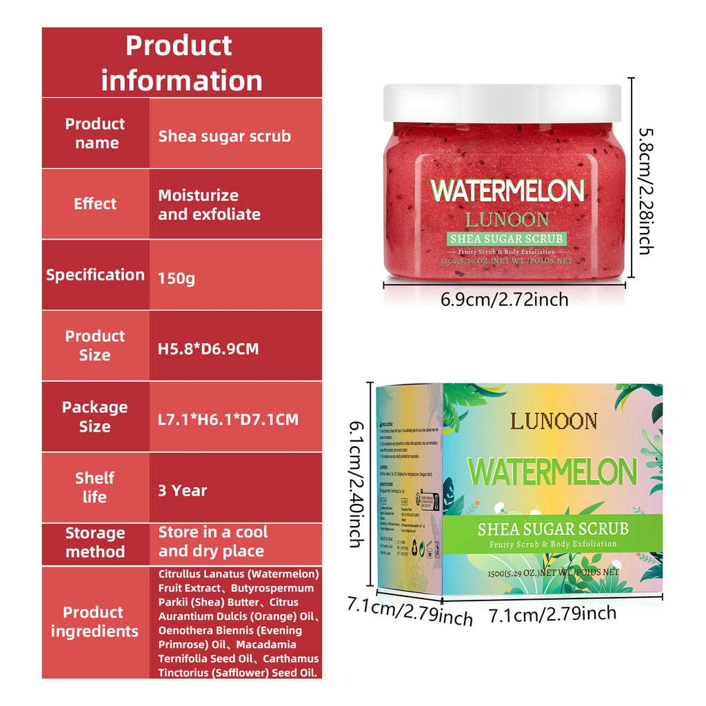 Natural Watermelon Shea Sugar Scrub 150g - Body Exfoliator, Moisturizing, Smooth & Glowing Skin, For Elbows, Knees, Back & Legs