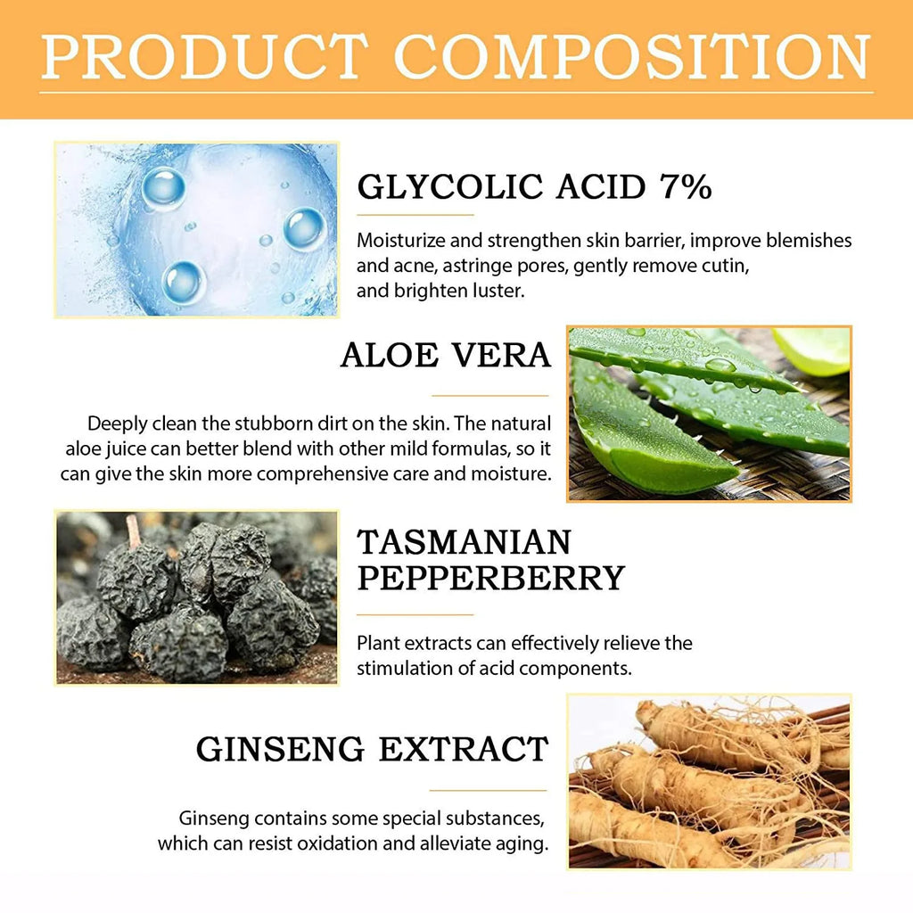 Glycolic Acid Skin Lotion moisturizes skin with 7% glycolic acidGlycolic AcidAloe VeraTasmanian Pepper FruitGinseng ExtractRejuv