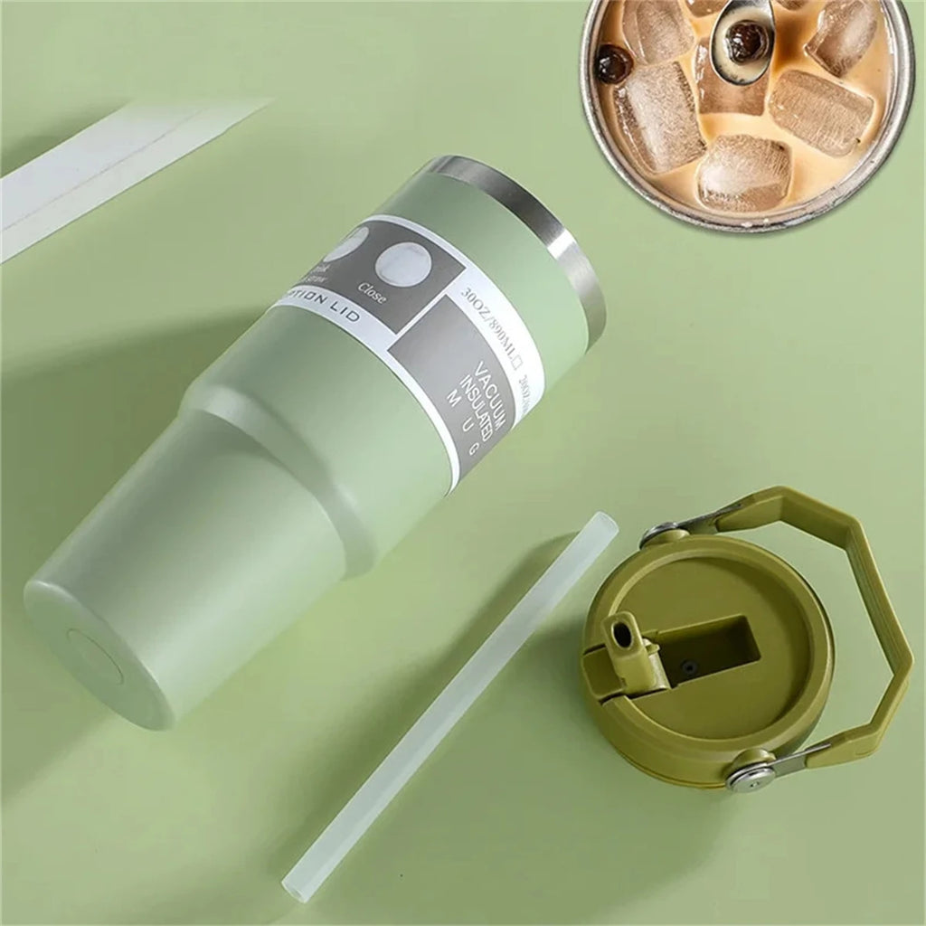 1pc Vacuum Tumbler with Lid Stainless Steel Portable Water Bottle with Dazzling Handle Insulated Tumbler Tote Handle 20/30OZ