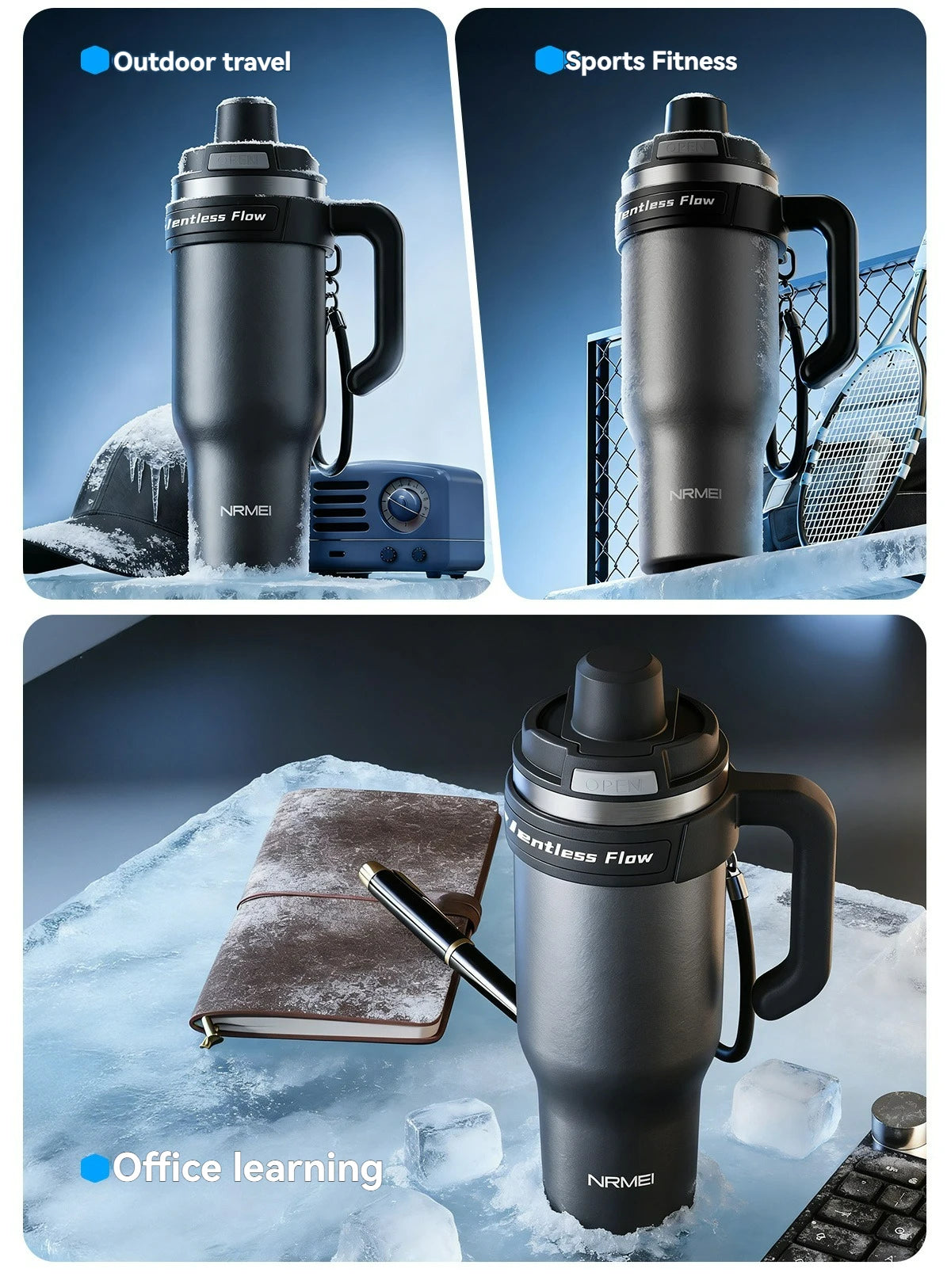 Cold Insulated Tumbler Ceramic Inner Large Water Bottle Car Cup  with Handle Straw Multipurpose Fitness