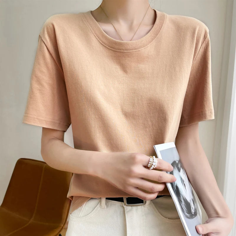 Women T-shirts 2026 Tops Solid Short Sleeve Loose O-neck  Cotton Casual Ladies Shirts Harajuku Korean Summer Woman Tshirts