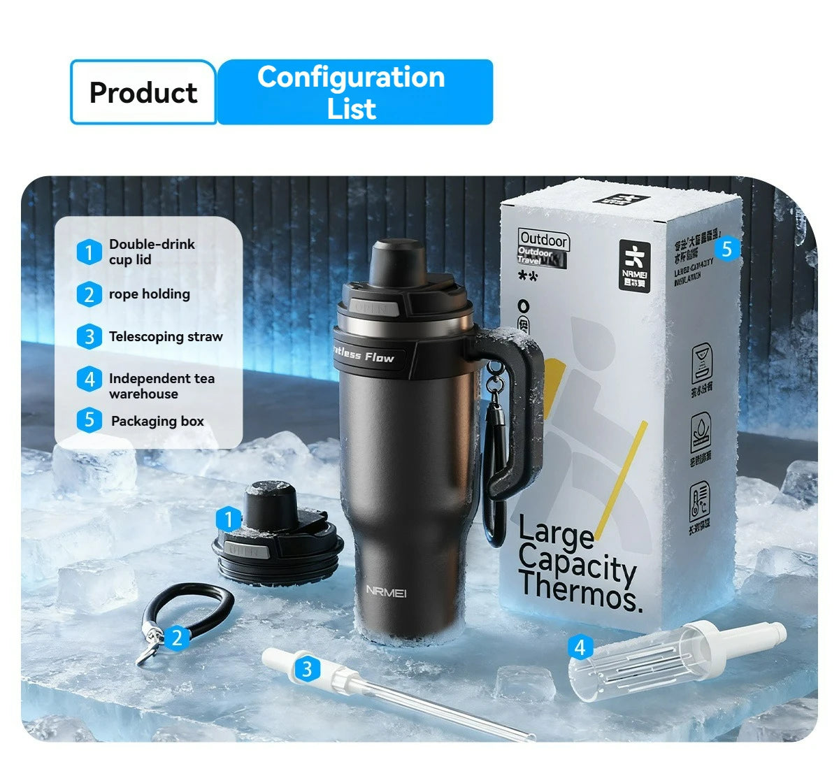 Cold Insulated Tumbler Ceramic Inner Large Water Bottle Car Cup  with Handle Straw Multipurpose Fitness