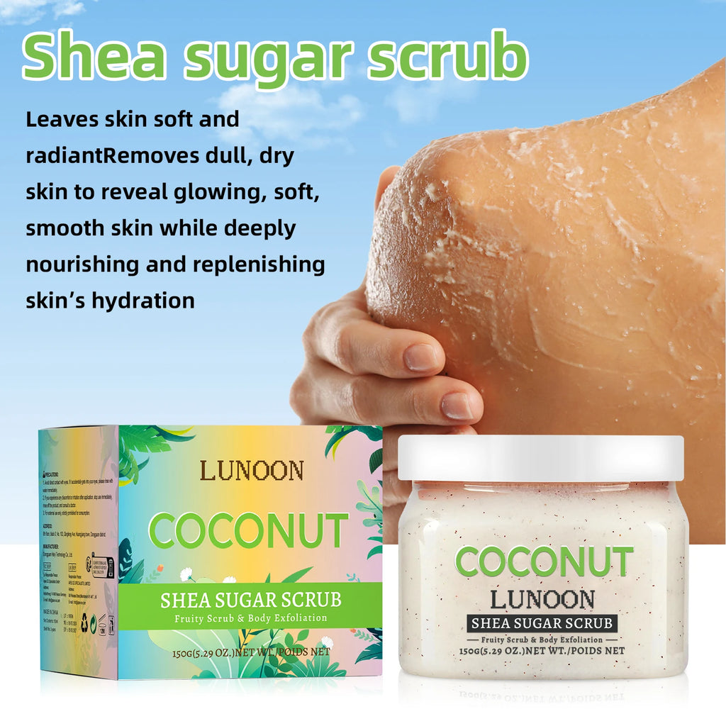 Coconut Shea Sugar Scrub 150g – LUNOON Exfoliating Body Scrub for Smooth Skin, Natural Moisturizing with Coconut & Shea Butter