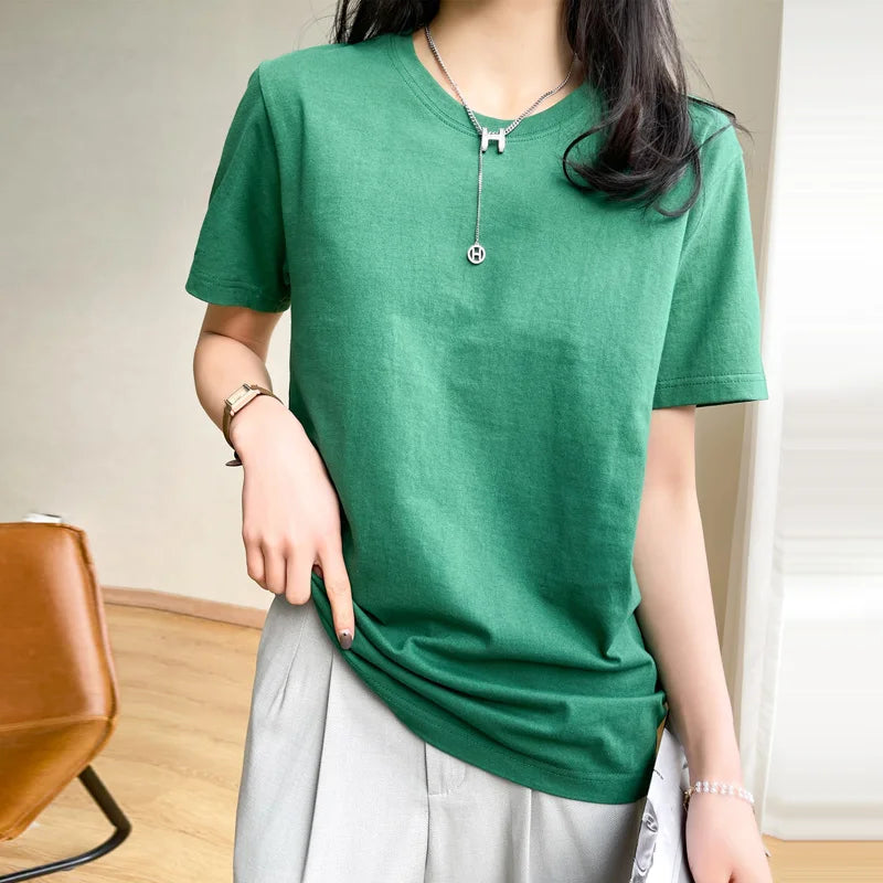 Women T-shirts 2026 Tops Solid Short Sleeve Loose O-neck  Cotton Casual Ladies Shirts Harajuku Korean Summer Woman Tshirts