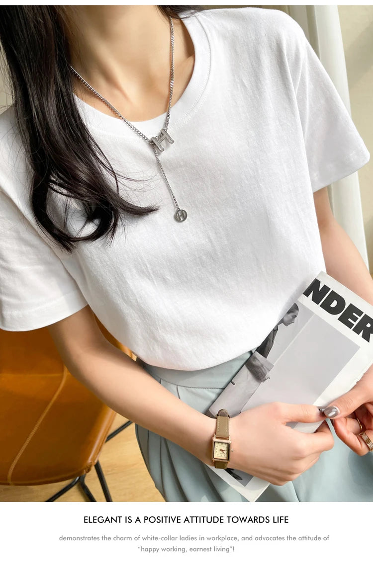 Women T-shirts 2026 Tops Solid Short Sleeve Loose O-neck  Cotton Casual Ladies Shirts Harajuku Korean Summer Woman Tshirts