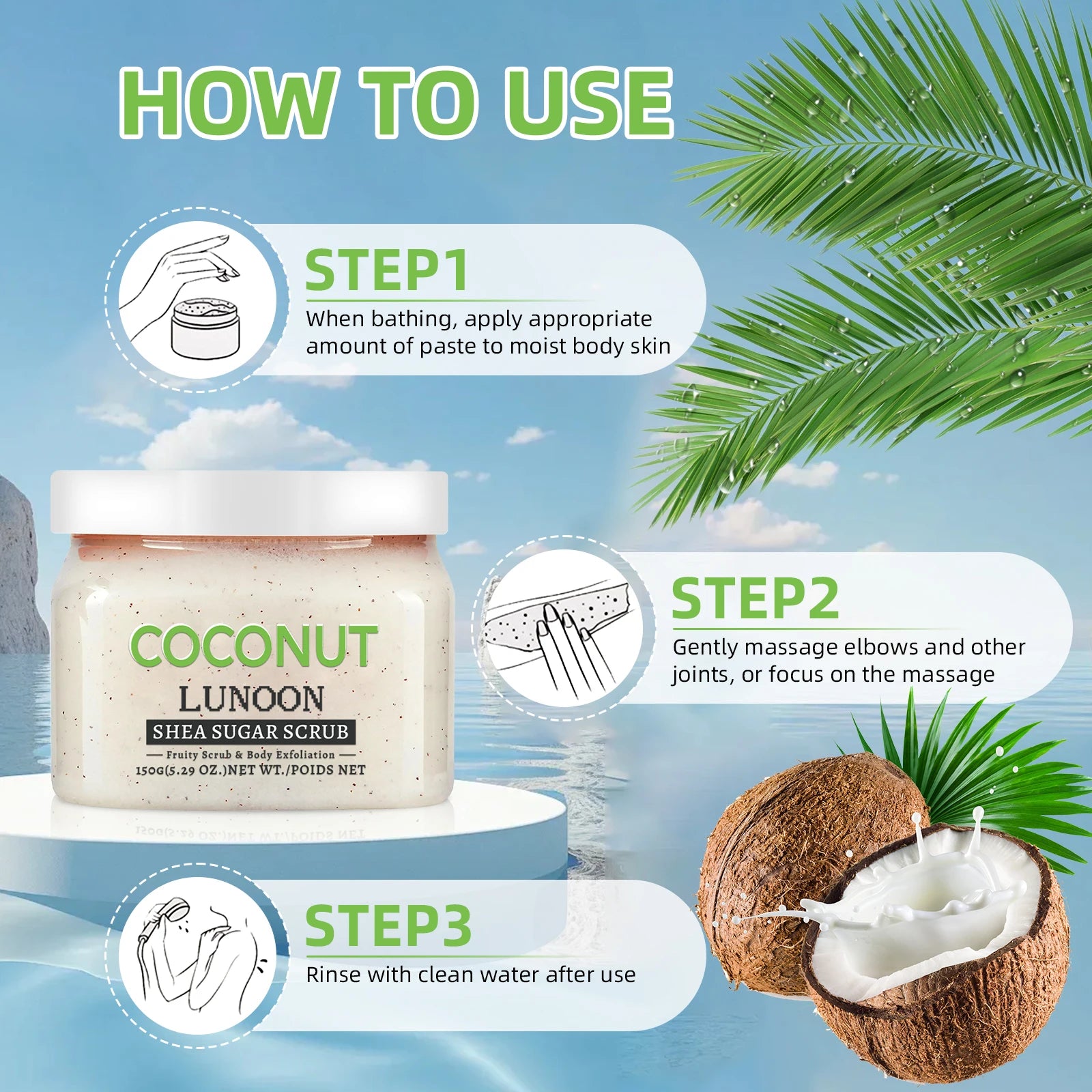 Coconut Shea Sugar Scrub 150g – LUNOON Exfoliating Body Scrub for Smooth Skin, Natural Moisturizing with Coconut & Shea Butter