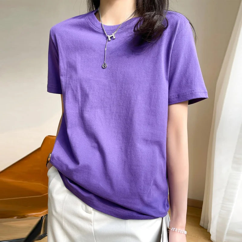 Women T-shirts 2026 Tops Solid Short Sleeve Loose O-neck  Cotton Casual Ladies Shirts Harajuku Korean Summer Woman Tshirts