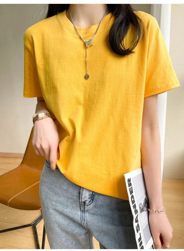 Women T-shirts 2026 Tops Solid Short Sleeve Loose O-neck  Cotton Casual Ladies Shirts Harajuku Korean Summer Woman Tshirts